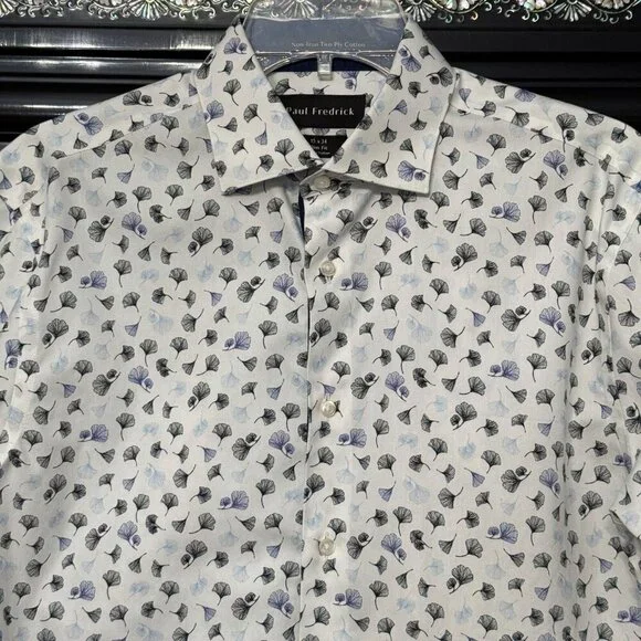 Paul Fredrick Slim Dress Shirt 15 White Blue Ginkgo Floral Flip Cuff Long Sleeve - Picture 2 of 10